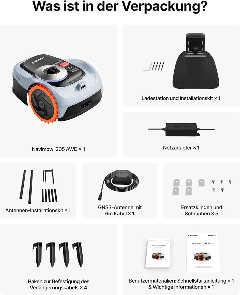 Segway Navimow i205 AWD Mähroboter ohne Begrenzungskabel mit Garage S, für 500 m², Allradantrieb für 45% Steigung, NRTK+Vision, Keine RTK Antenne erforderlich