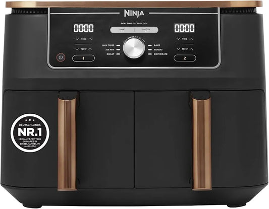 Ninja Foodi MAX Dual Zone Heißluftfritteuse, 9,5L Airfryer, 2 Fächer, mit Zange, Antihaftbeschichtung, spülmaschinenfeste Körbe, 6-in-1, Amazon Exklusiv, Kupfer/Schwarz, AF400EUCP