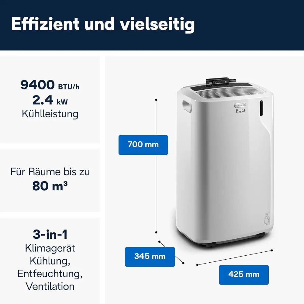 De'Longhi Pinguino - 3-in-1 Mobiles Klimagerät, für Räume bis 27 m², mit Luftentfeuchter & Ventilator, 9400 BTU, Leiser Betrieb, Fernbedienung, 24h-Timer, Energieeffizienzklasse A 