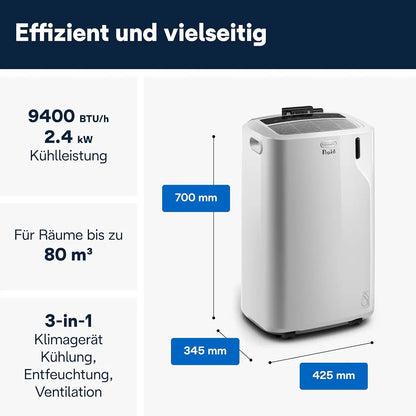 De'Longhi Pinguino - 3-in-1 Mobiles Klimagerät, für Räume bis 27 m², mit Luftentfeuchter & Ventilator, 9400 BTU, Leiser Betrieb, Fernbedienung, 24h-Timer, Energieeffizienzklasse A 