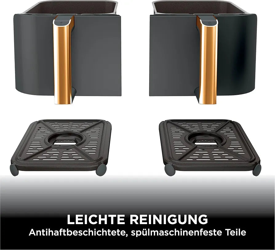 Ninja Foodi MAX Dual Zone Heißluftfritteuse, 9,5L Airfryer, 2 Fächer, mit Zange, Antihaftbeschichtung, spülmaschinenfeste Körbe, 6-in-1, Amazon Exklusiv, Kupfer/Schwarz, AF400EUCP
