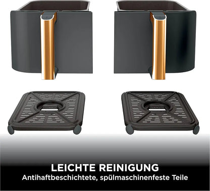 Ninja Foodi MAX Dual Zone Heißluftfritteuse, 9,5L Airfryer, 2 Fächer, mit Zange, Antihaftbeschichtung, spülmaschinenfeste Körbe, 6-in-1, Amazon Exklusiv, Kupfer/Schwarz, AF400EUCP