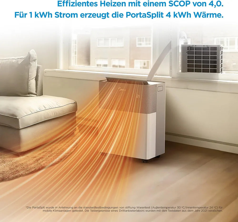 Midea Portasplit Mobile Wärmepumpe, Klimaanlage, Kühlen A++/Heizen A+, 12000 BTU 3, 5kW, für Räume bis zu 42 m² / 105 m³, nur 39 dB im Silent-Modus