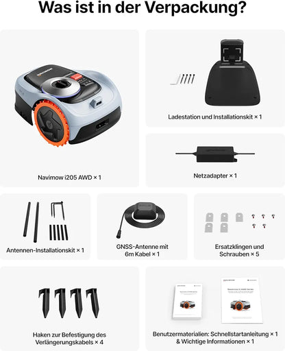 Segway Navimow i205 AWD  Mähroboter ohne Begrenzungskabel mit Garage S, für 500 m², Allradantrieb für 45% Steigung, NRTK+Vision, Keine RTK Antenne erforderlich 