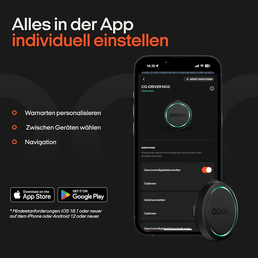 OOONO Co-Driver NO2 Schwarz- Optimierter Co-Driver fürs Auto - Warnt vor Tempo-Kontrollen und Gefahrenstellen – Wiederaufladbar – LED-Anzeige – CarPlay & Android Auto kompatibel