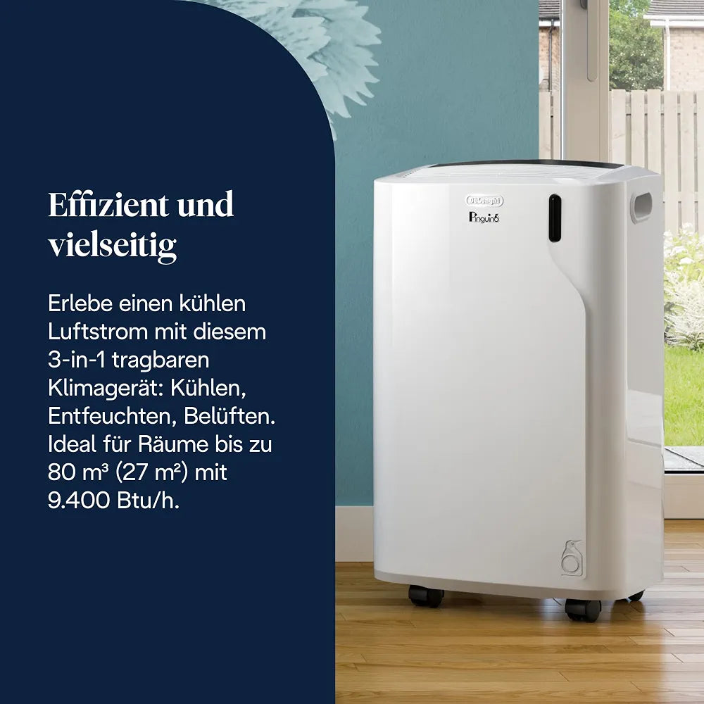 De'Longhi Pinguino - 3-in-1 Mobiles Klimagerät, für Räume bis 27 m², mit Luftentfeuchter & Ventilator, 9400 BTU, Leiser Betrieb, Fernbedienung, 24h-Timer, Energieeffizienzklasse A 