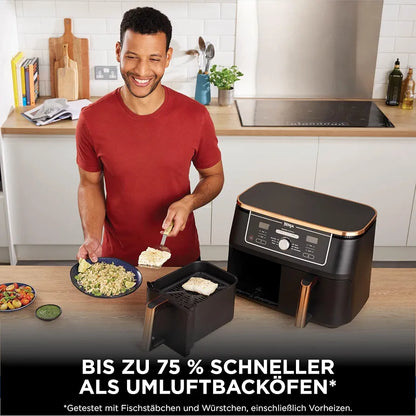 Ninja Foodi MAX Dual Zone Heißluftfritteuse, 9,5L Airfryer, 2 Fächer, mit Zange, Antihaftbeschichtung, spülmaschinenfeste Körbe, 6-in-1, Amazon Exklusiv, Kupfer/Schwarz, AF400EUCP