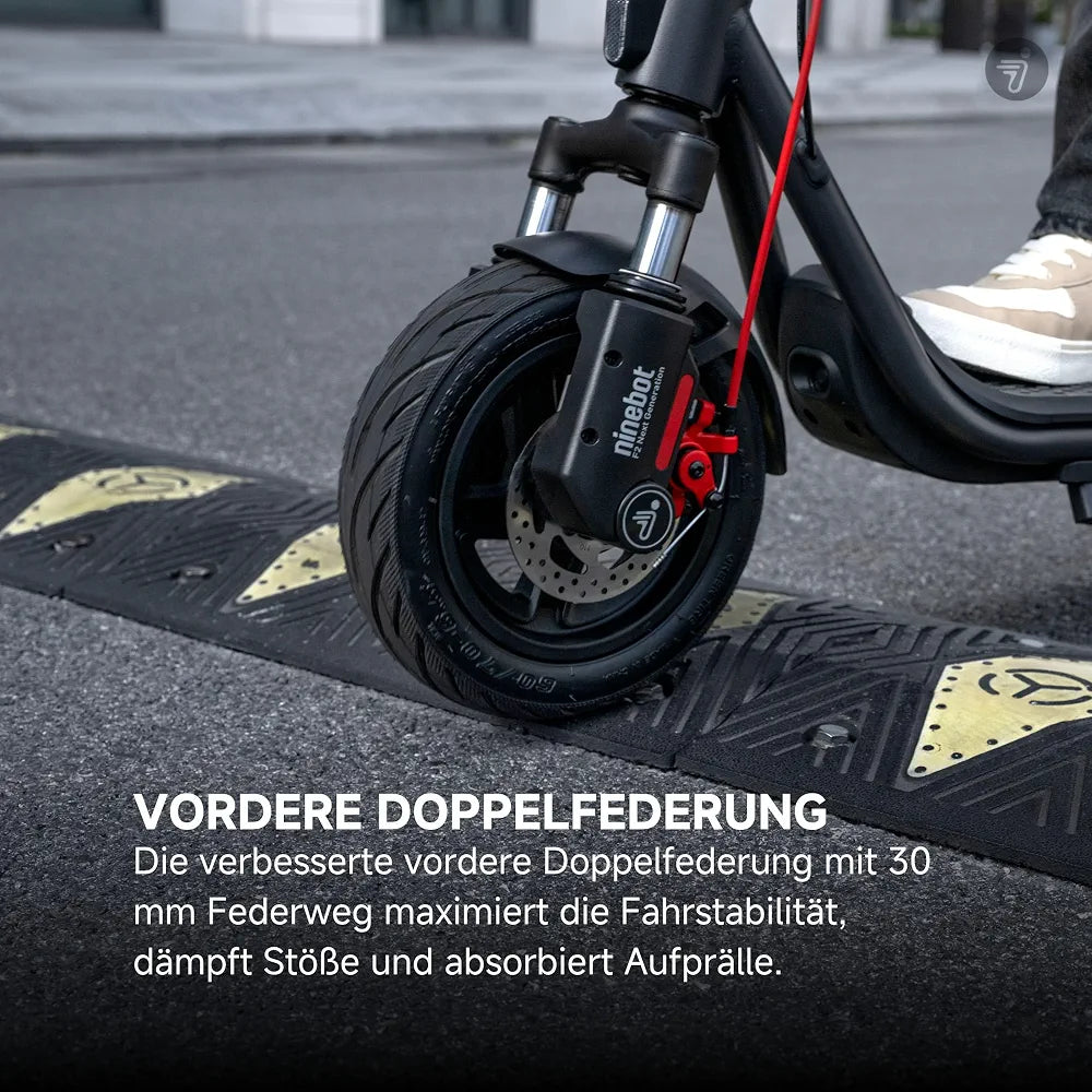 Segway-Ninebot F2 Pro D II, E-Scooter mit Deutscher Straßenzulassung für Erwachsene, 65km Reichweite im Eco-Modus, 120kg Tragfähigkeit, vordere Doppelfederung, Farb LED Display, Schwarz
